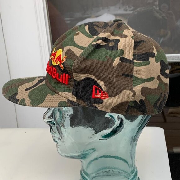 Red Bull Flat Brim Green FITTED (7 3/8) Camo Cap w/ Offset Logo on Crown. - Picture 6 of 9